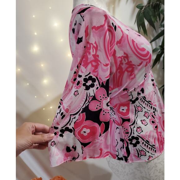 Vtg 90s Y2K La Khaki Floral Asymmetrical Babydoll Top Sz L Pink Fairy Clueless - Picture 6 of 11